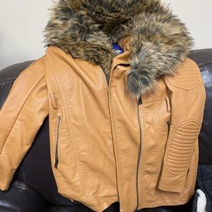 Red fox womens leather coat with fox fur collar